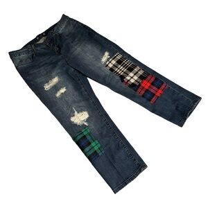 Tru Luxe Jeans slouchy boyfriend plaid flannel patches & holes 31/12p